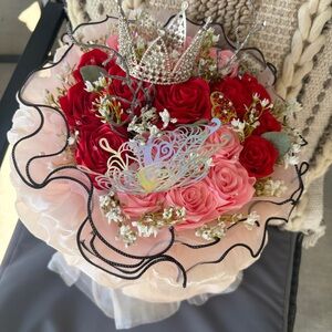 Pink & Red Floral Bouquet artificial with Rhinestone Tiara bouquet